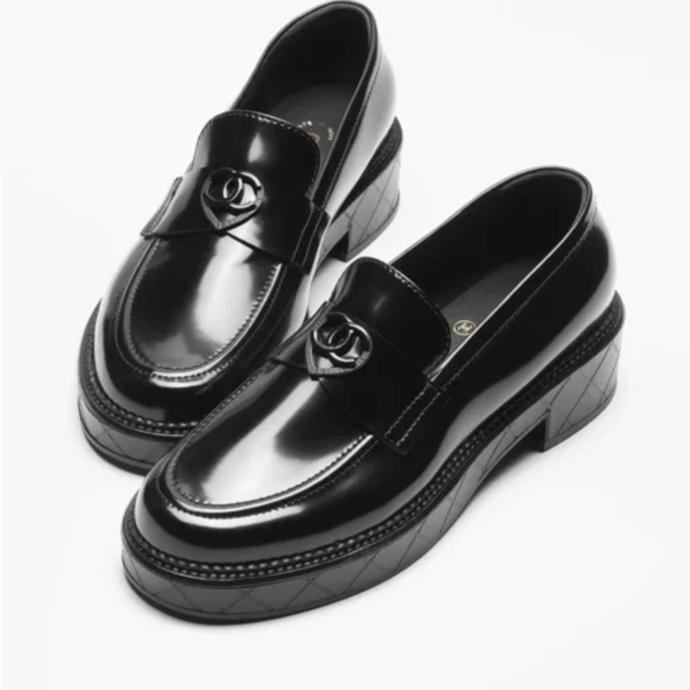 CHANEL calfskin quilted patent loafers 37.5